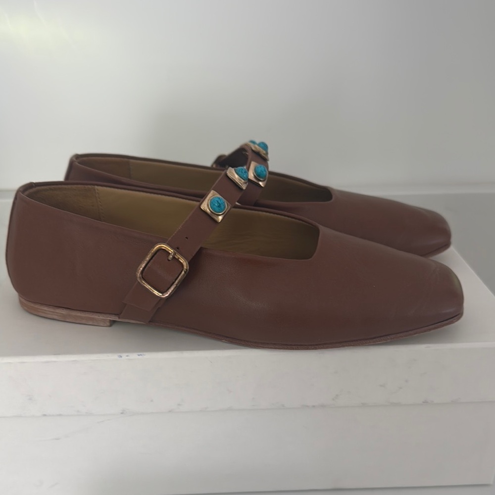 Freda Salvador Brown Leather Mary Jane Flats with Turquoise Accent - Picture 5 of 5